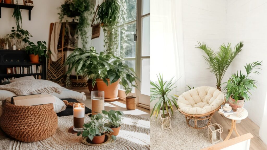 Styl boho - rośliny, donice, kosze, dywany