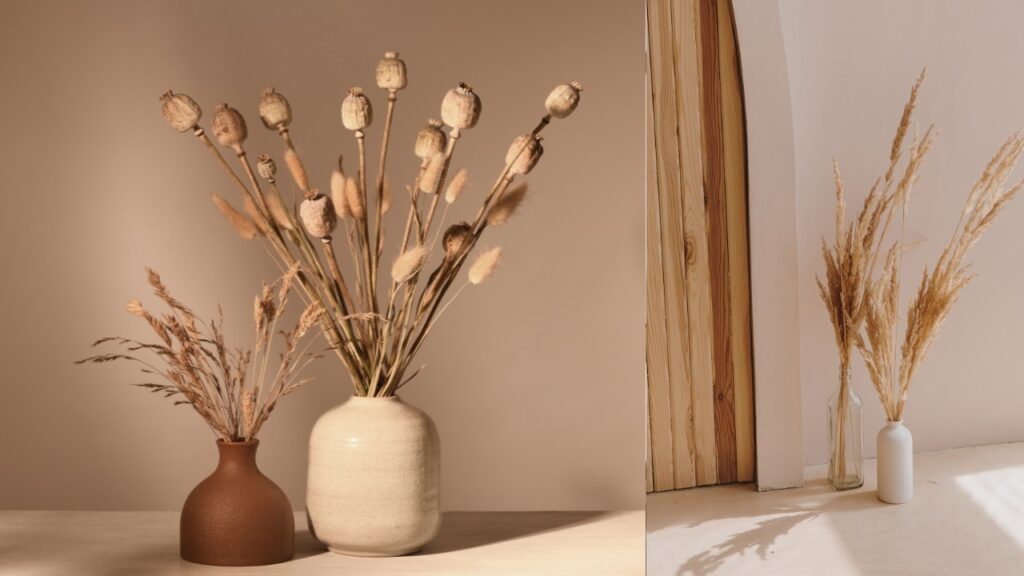Styl boho - dekoracje - wazony z suchymi trawami
