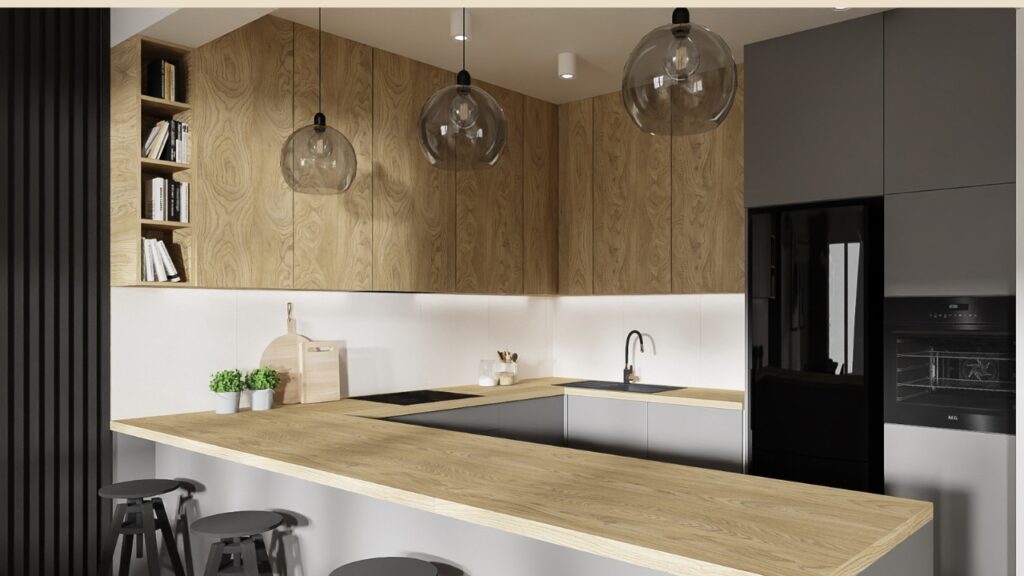 Funkcjonalna kuchnia z blatem drewnianym