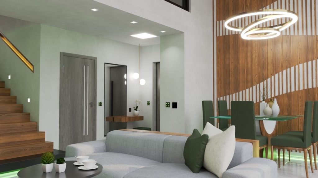 Aranżacja-wystrój mieszkania-dom z antresolą-panele-ścienne