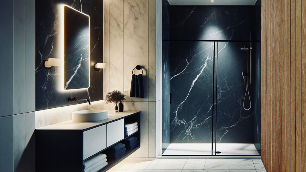 Nowoczesna łazienka - drewno i marmur