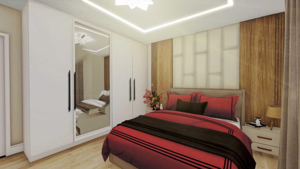 Sypialnia inspiracje - duża szafa z lustrem