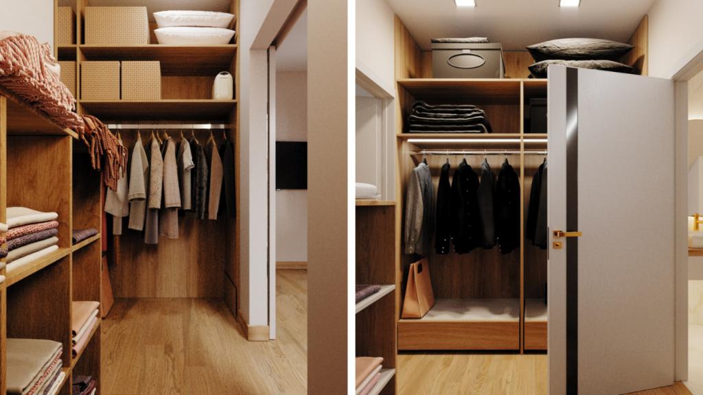 Funkcjonalna garderoba w małym mieszkaniu- szafa wnękowa z półkami