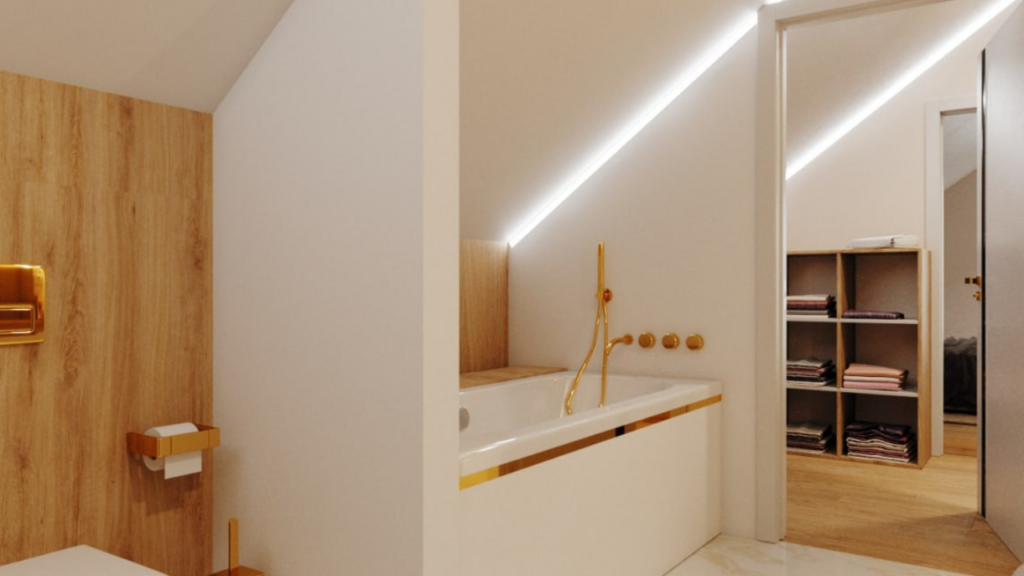 Jasne kolory i duże lustra optycznie powiększają małą łazienkę, sprawiając, że wydaje się jaśniejsza i przestronniejsza.