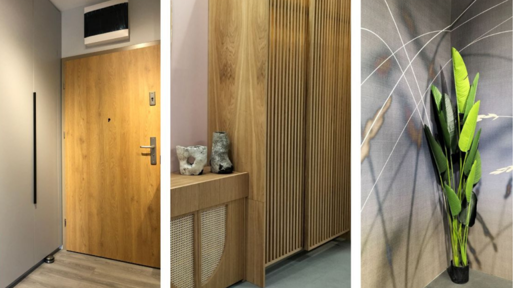 Korytarz w małym mieszkaniu - aranżacja z wykorzystaniem drewnianych elementów i roślin