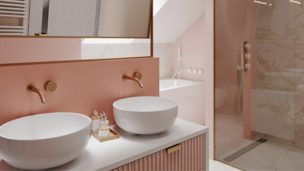 Łazienka z podwójną umywalką i szafkami na wymiar