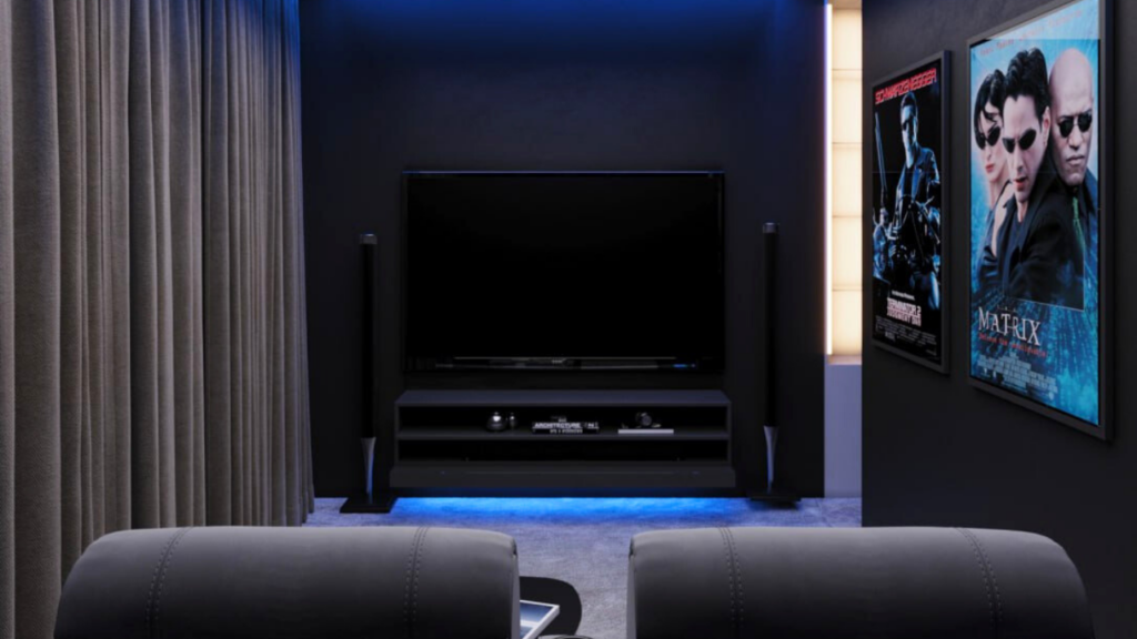Nowoczesna ściana za telewizorem w kinie domowym z efektownym podświetleniem LED