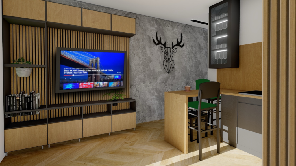 Nowoczesny salon w stylu loftowym z minimalistycznymi półkami i ścianą TV