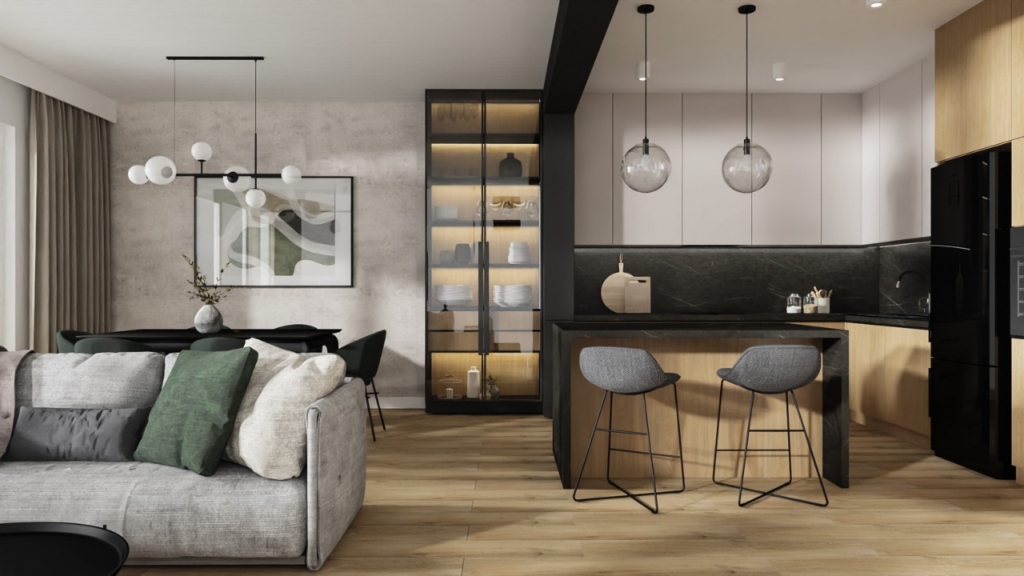 Nowoczesny salon z aneksem kuchennym i wyspą