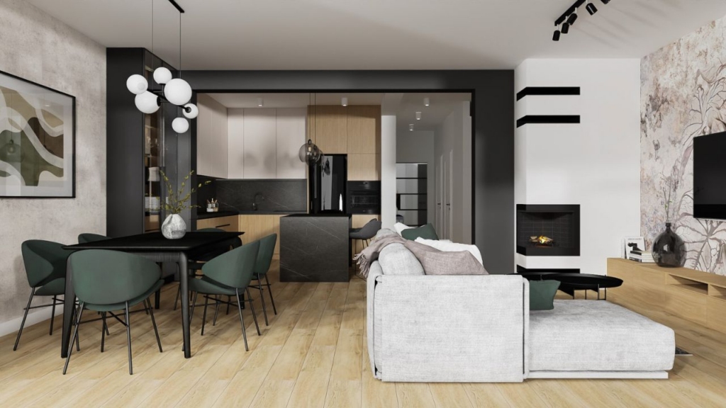 Salon z aneksem kuchennym - różnorodne formy oświetlenia 