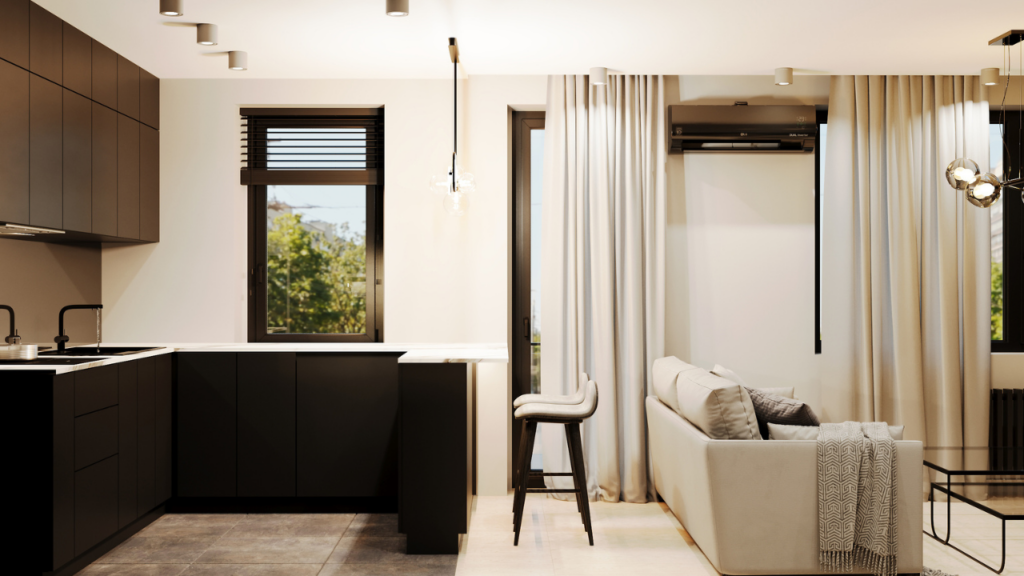 Salon z aneksem kuchennym - wyraźne oddzielenie stref