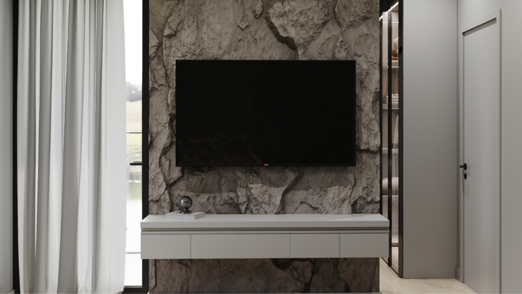 Ściana z kamienia za telewizorem - nowoczesna aranżacja