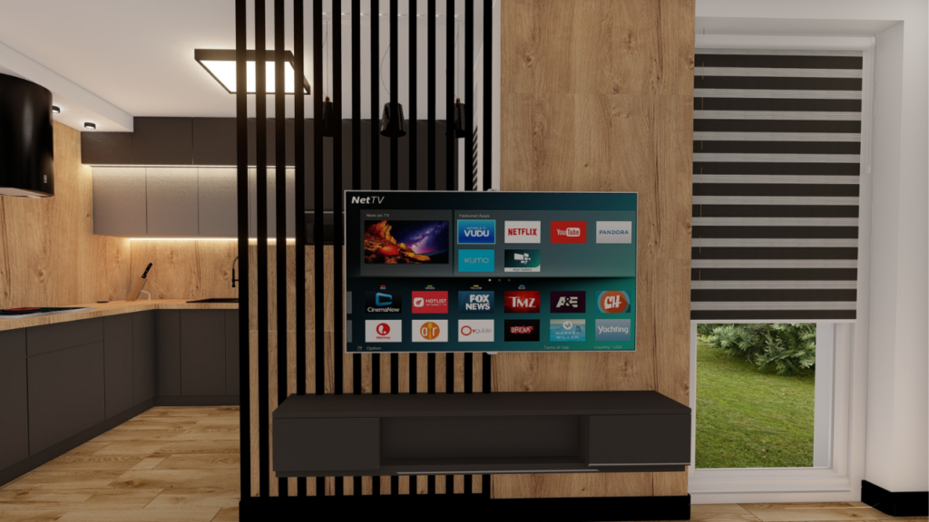 Ściana za telewizorem - nowoczesna aranżacja z panelami drewnianymi i czarnymi lamelami