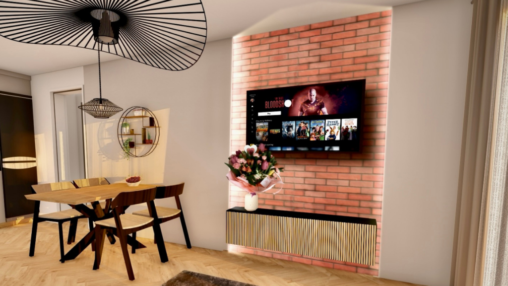 Ściana za telewizorem z cegłą dekoracyjną i oświetleniem LED