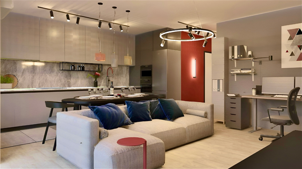 Sofa oprócz funkcji miejsca do wypoczynku, oddziela także strefę kuchenną od salonu