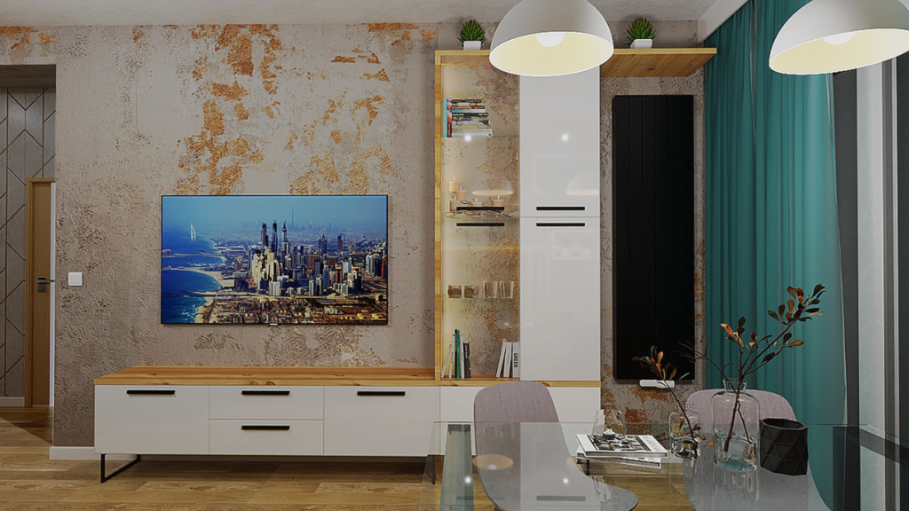 Stylowa aranżacja ściany za telewizorem z akcentami kolorystycznymi i nowoczesnym designem