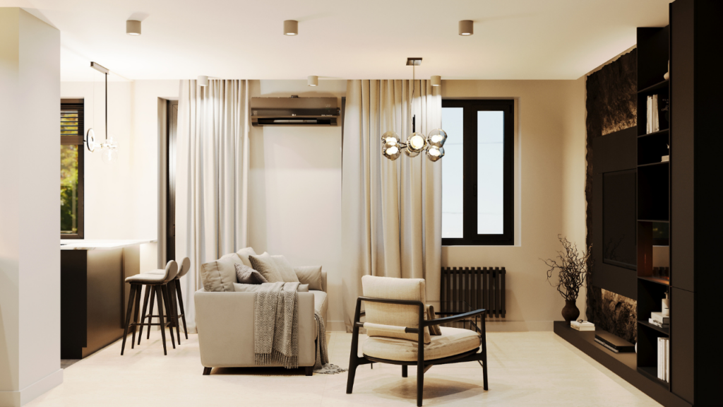 Wygodna kanapa, stolik kawowy i regał na książki stworzą przytulne miejsce do odpoczynku