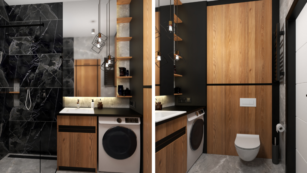 Łazienka z kabiną prysznicową typu walk-in z odpływem liniowym