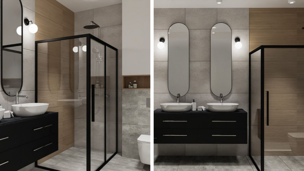 Łazienka z kabina prysznicowa w stylu industrialnym z czarną ramą, prostymi liniami i surowymi materiałami