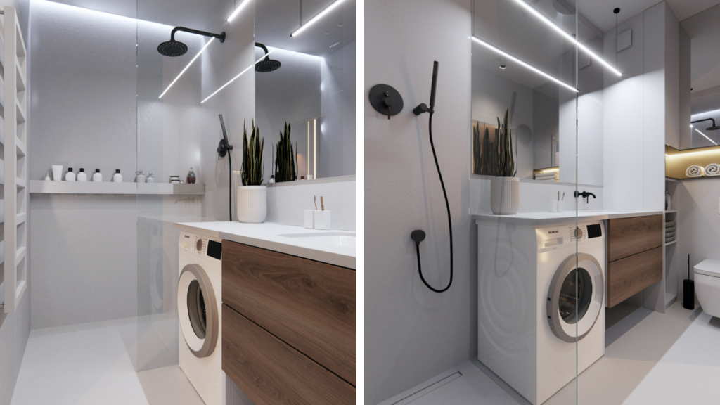 Łazienka z prysznicem walk-in z odpowiednim nachyleniem podłogi zapewniającym skuteczny odpływ wody