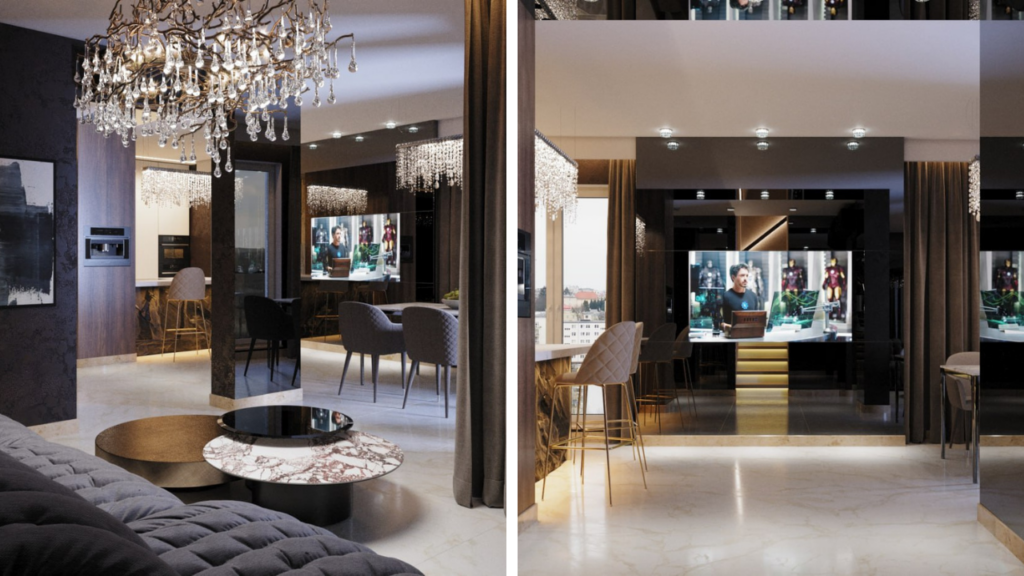 Luksusowy salon z nowoczesnym designem i efektownym oświetleniem