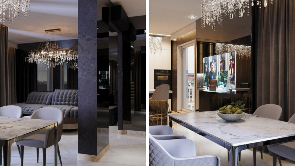 Nowoczesny salon glamour z luksusowym oświetleniem i designerskimi meblami