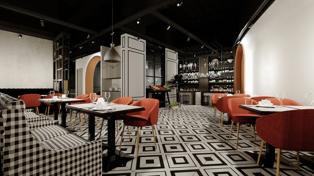 Restauracja w stylu industrialnym z nowoczesnymi akcentami, łącząca surowe materiały z eleganckimi wykończeniami