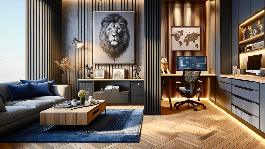 Nowoczesny pokój gościnny z funkcją biura - elegancka aranżacja wnętrza z motywem lwa