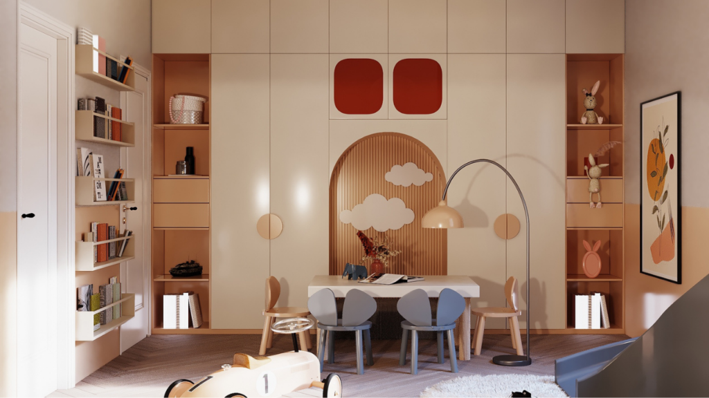 Pokój dziecięcy z nowoczesnym designem i funkcjonalnymi półkami na zabawki