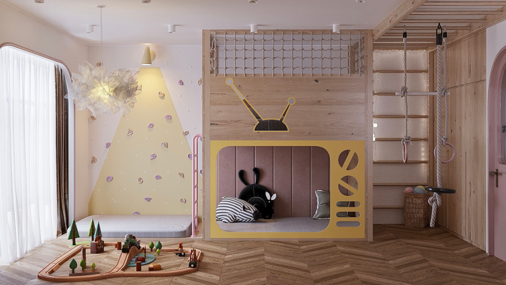 Pokój dziecinny z kreatywną ścianką wspinaczkową i miejscem do zabawy