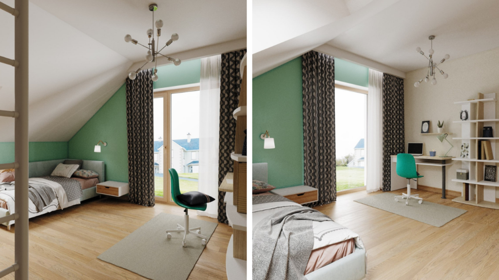 Pokój dziecinny z wyodrębnionymi strefami do spania i nauki