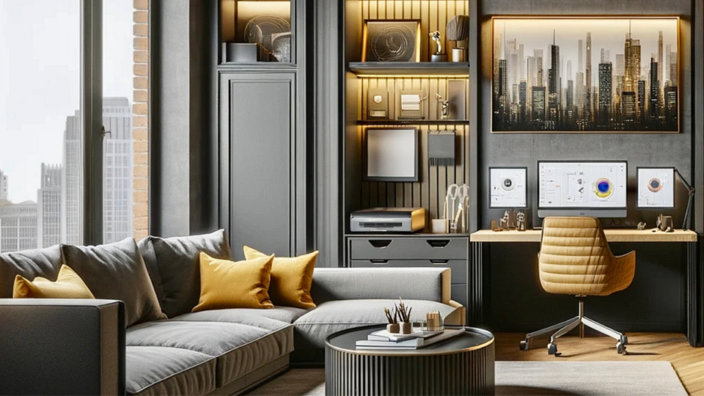Pokój gościnny z miejscem do pracy - nowoczesne i eleganckie wnętrze z żółtymi akcentami