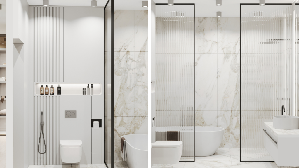 Elegancka, minimalistyczna toaleta z marmurowymi akcentami i nowoczesnym prysznicem