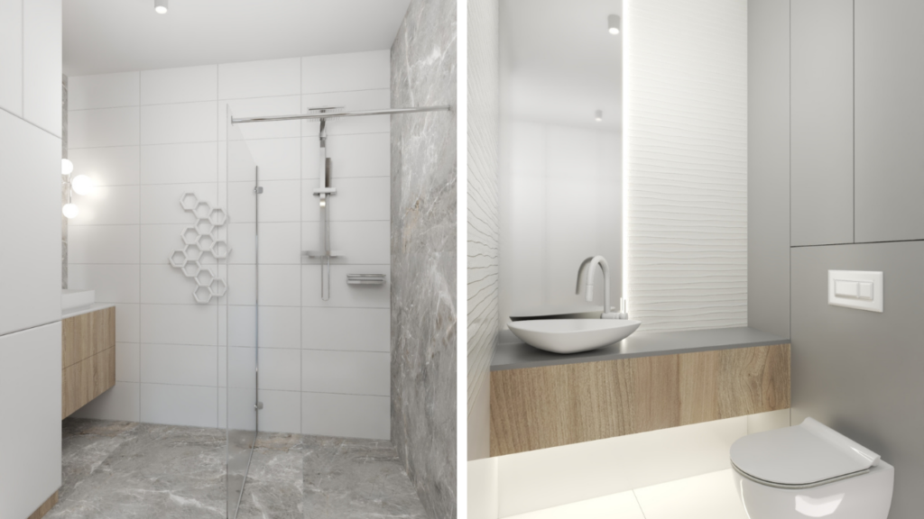 Minimalistyczna toaleta z ukrytymi schowkami, które zachowują czystość i estetykę wnętrza