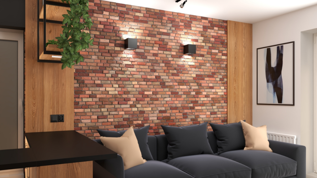 Płytki klinkierowe na ścianie w salonie