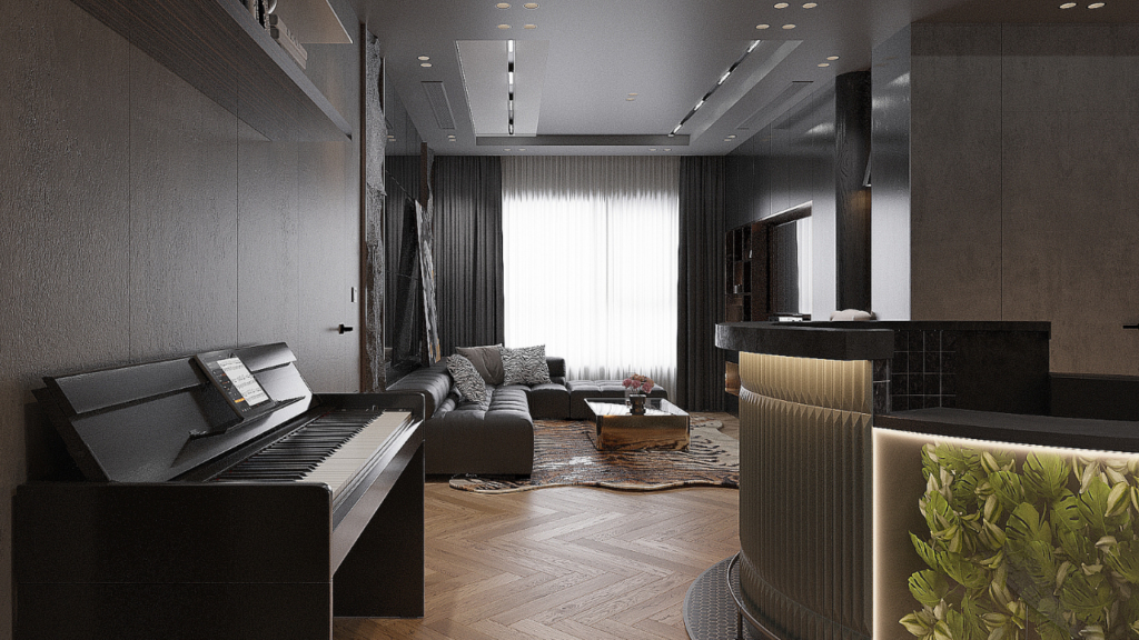 Salon z płytkami imitującymi drewno 