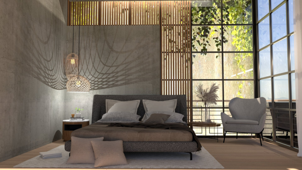 Beton architektoniczny na ścianach w sypialni, łączy surową elegancję z nowoczesnym stylem