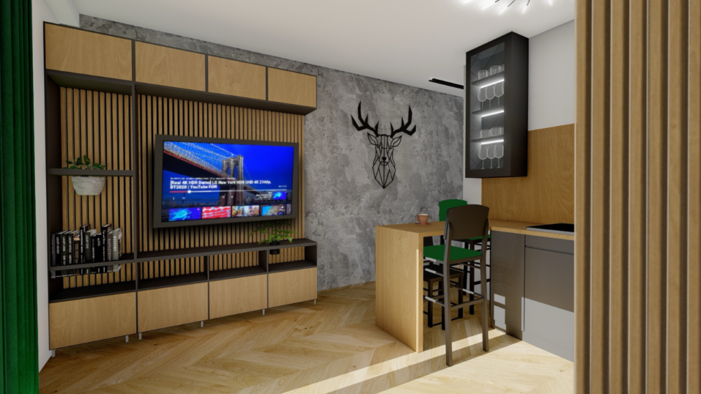 Salon w stylu industrialnym z betonową ścianą, tworzący surowy, nowoczesny klimat