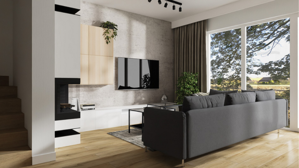 Salon z betonową ścianą, łączący surowość z elegancją