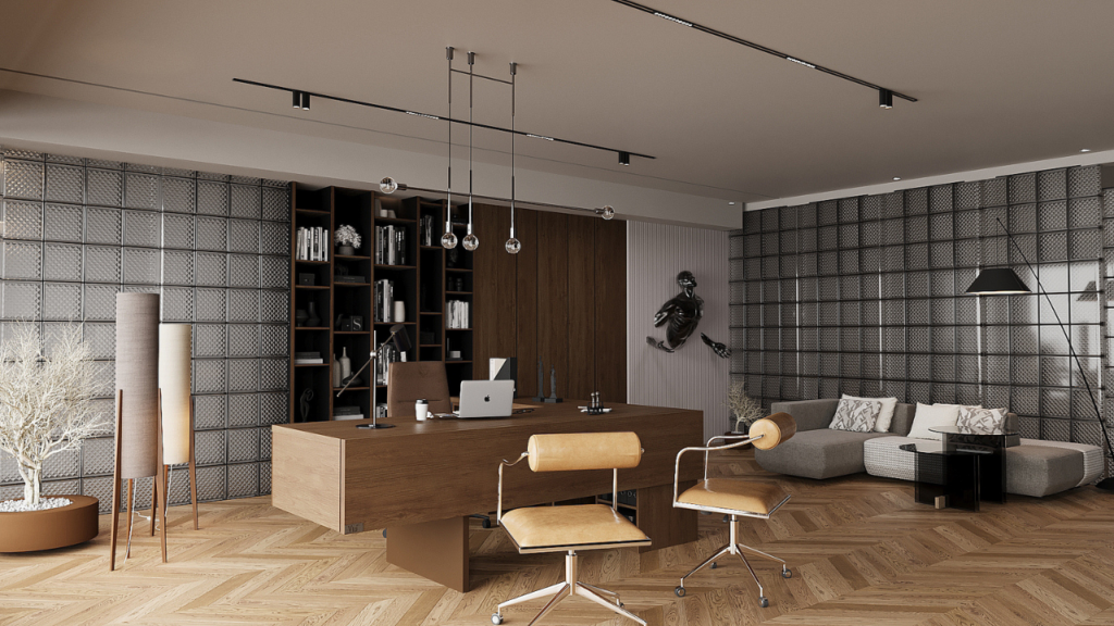 Eleganckie biuro z parkietem ułożonym w jodełkę - idealne rozwiązanie dla małych i dużych przestrzeni