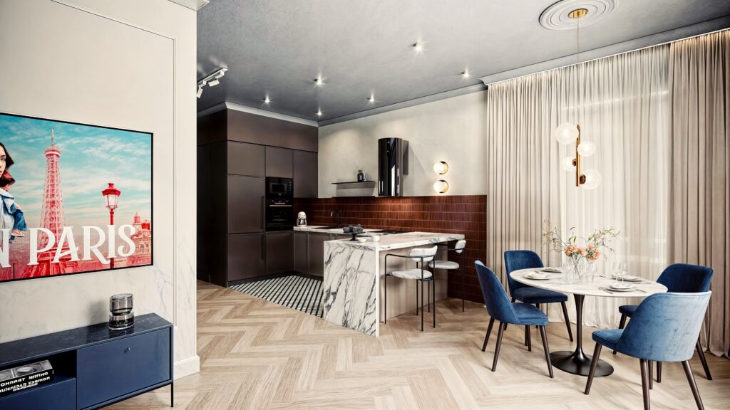 Kawalerka gotowa do wynajmu – widok na salon z aneksem kuchennym