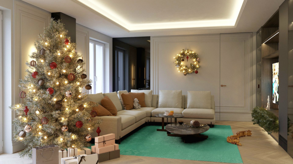 Przemyślana przestrzeń na choinkę – centralny punkt salonu w projekcie wnętrza
