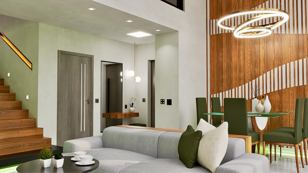 Drewniane wykończenia ścian ocieplają wnętrza, nadając im przytulny charakter