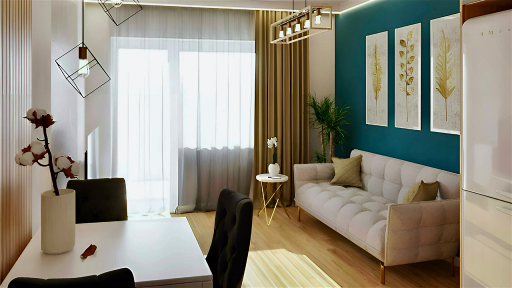 Intensywny akcent kolorystyczny – turkusowa ściana nadaje wnętrzu głębi i charakteru