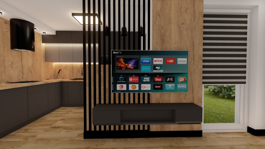 Nowoczesna aranżacja salonu z drewnopodobnych paneli ściennych i lameli dekoracyjnych