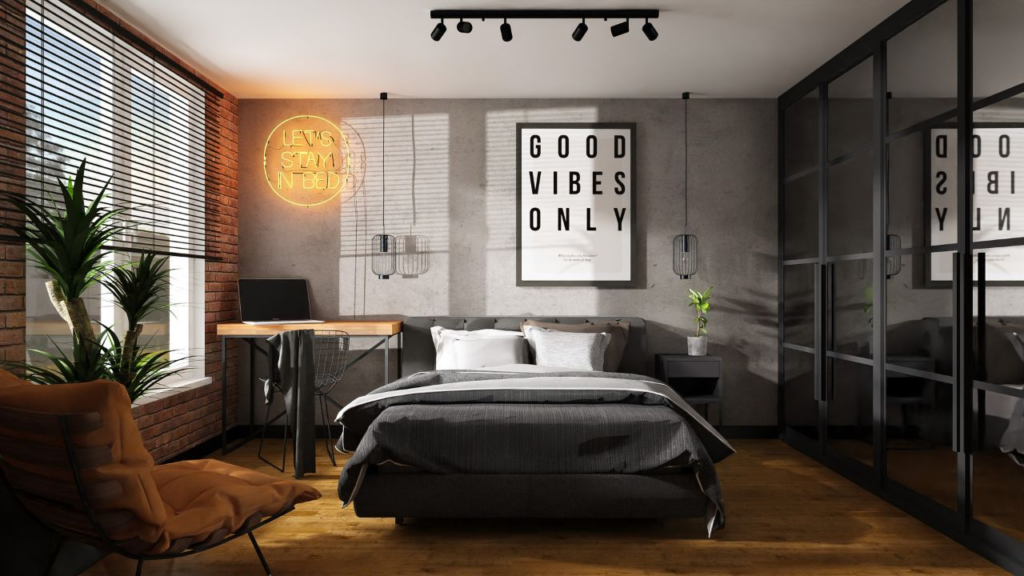 Styl loftowy - Sypialnia z betonową ścianą – surowość i przytulność w jednym