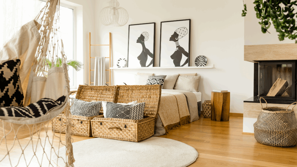 Styl boho w domu w praktyce: rattanowe kosze, grafiki etniczne i makramowy hamak to przepis na klimatyczne wnętrze