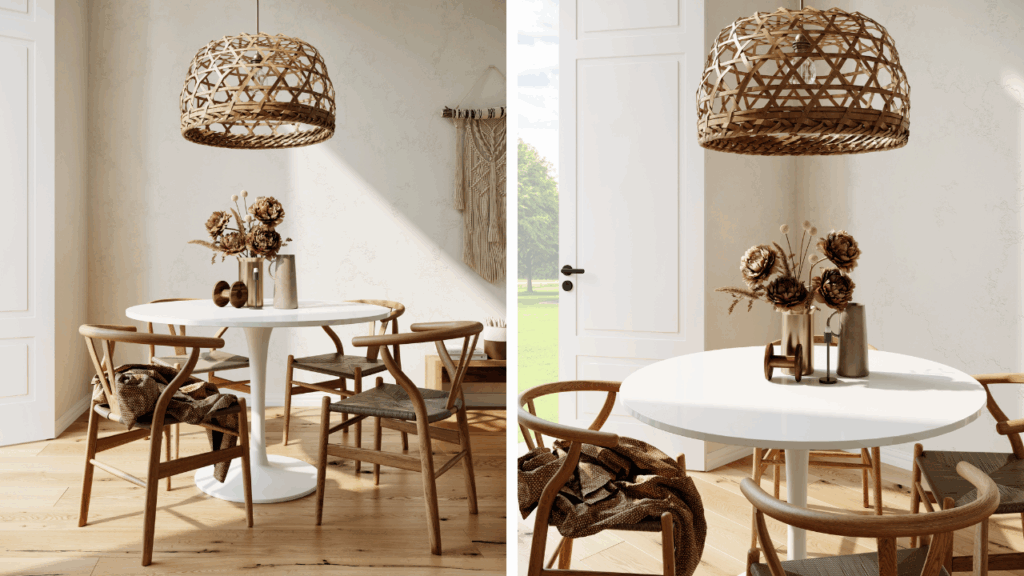 Wybierz lampę z rattanu lub wikliny, aby dodać naturalnej lekkości i przytulnego klimatu do jadalni w stylu boho