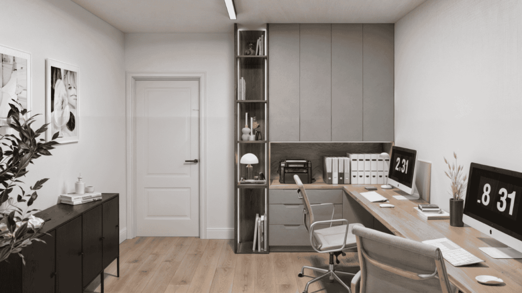Home office dla dwóch osób – zabudowane biurko z podwójnym stanowiskiem pracy