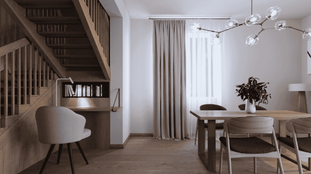 Home office pod schodami – funkcjonalna aranżacja biurka w salonie